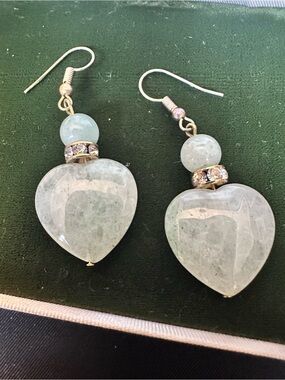 Green Jade Teardrop Dangle Earrings Gold Tone Rhinestone